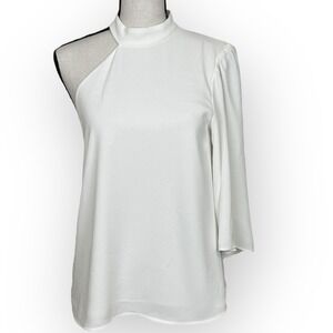 ZARA Off White Mock Neck One Shoulder Cutout Bell Sleeve Blouse Top XS